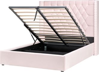 Beliani Cama Con Almacenaje De Terciopelo Rosa Plateado 140 X 200 Cm Cabecero Lubbon