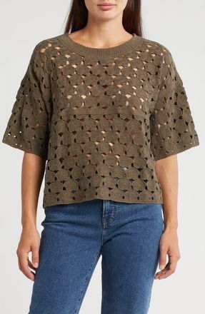 Bobeau Floral Crochet Short Sleeve Top in Olive at Nordstrom Rack, Size X-Large