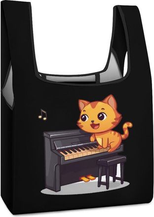 Generic Orange Cat Playing Piano Music Shopping Bag Reusable Grocery Tote Bag Foldable Handbag for Travel Picnic