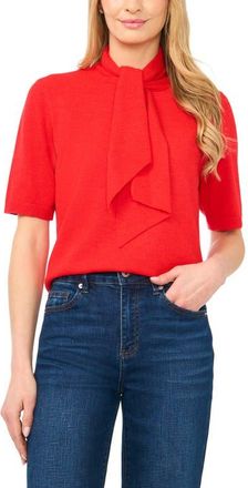 CeCe by Cynthia Steffe Tie Neck Short Sleeve Sweater in Bright Red at Nordstrom, Size X-Large