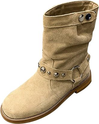 Generic cfpqv Ankle Boots Womens High Suede Womens Ankle Boots Flat Cowboy Western Boots Pointed Cowboy Boots Outdoor Mid Tube Boots Comfortable Wide Shaft Bo
