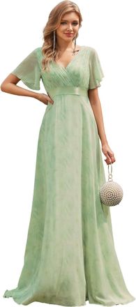Ever-pretty Womens Double V-Neck Short Flutter Sleeves Empire Waist Elegant Chiffon Long Evening Dresses Light Green Roses 18UK