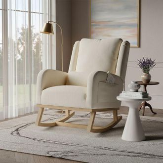 OEM Sill&oacute;n Mecedora Pocketpop En Lino Beige Con Coj&iacute;n - Patas De Madera Maciza, Estilo Escandinavo