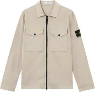 Stone Island Jassen, Heren, Beige, M, Katoen, Regular-fit Overshirt met verborgen rits