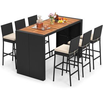 Costway Costway 7 Pieces Patio Rattan Bar Set 6 Wicker Bar Height Chairs in Black