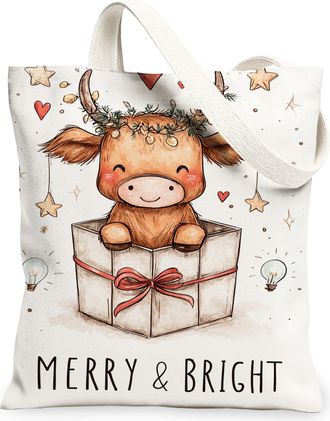 Generic Bright & Joyous Canvas Tote Bags, Cute Animal Design Reusable Grocery Bags, Winter Lightweight Washable Shoulder Strap for, White, 13x15 Inch