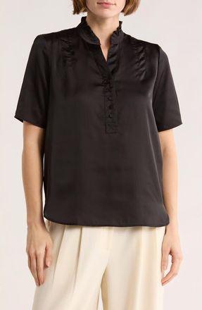 T Tahari Ruffle Split Neck Short Sleeve Top in Black at Nordstrom Rack, Size X-Large