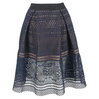 Self Portrait Sofia Pleated Lace Midi Skirt in Navy Blue Polyester