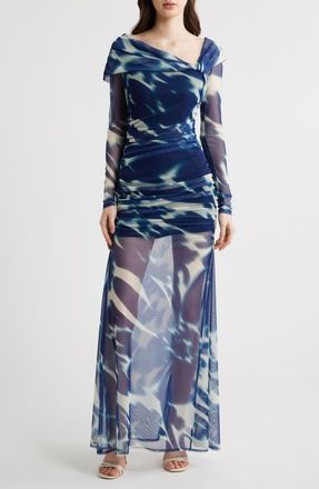 Black Halo Dina Long Sleeve Ruched Mesh Maxi Dress in Floral Wave at Nordstrom, Size X-Large