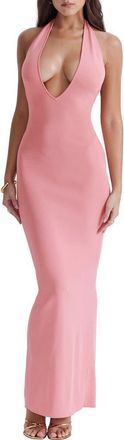 House of CB Camelia Plunge Halter Neck Rib Maxi Dress in Bright Peach at Nordstrom, Size X-Small