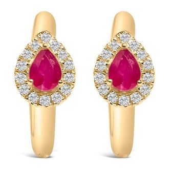 House of Brilliance 10K Yellow Gold Pear Red Ruby 4x3 mm and 1/10 Ct Round Diamond Huggy Earrings at Nordstrom