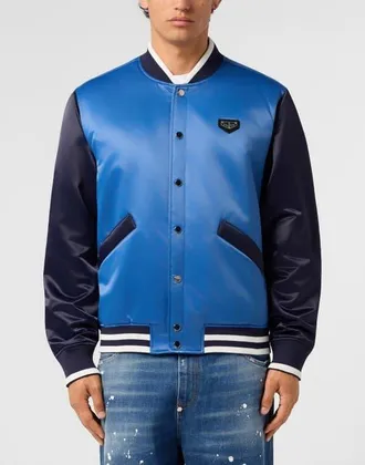 Philipp Plein Satin College Bomber Plein Logo Men in Middleblue at Nordstrom, Size Xxx-Large