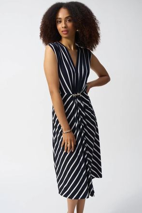 Joseph Ribkoff V-Neck Fit And Flare Dress In Midnight Blue/vanilla