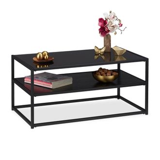 Relaxdays Relaxdays - Mesa Centro Cristal Con Balda Inferior, Metal Y Vidrio, 42 X 90 X 50 Cm, Negro