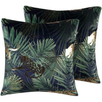Beliani Beliani - Set of 2 Decorative Velvet Toss Pillows Green Palm Leaf Animal Pattern Bellrose