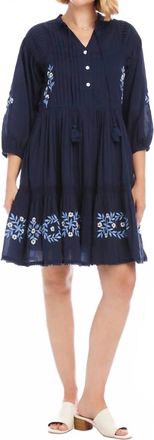 Karen Kane Blouson Sleeve Embroidered Lace Trim Tiered Dress In Navy