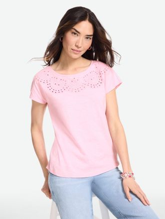 Talbots Plus Petite - Eyelet Seashell T-Shirt - Soft Pink - 1X - 100% Cotton Talbots
