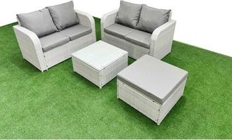 Fimous Fimous - 5 Seater Outdoor Love Sofa Set Rattan Garden Furniture Set with Square Coffee Table Big Footstool Light Grey