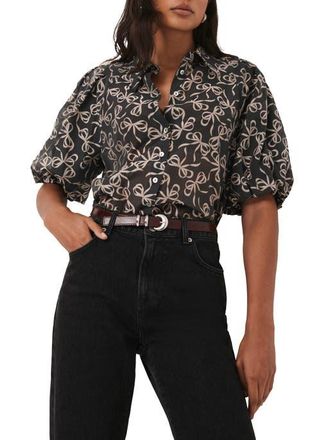 Mint Velvet Bow Print Cropped Shirt in Black at Nordstrom, Size Medium