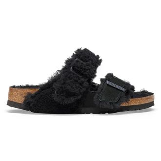 Birkenstock Sliders, female, Black, 4 UK, Split Teddy Parts Rivet Suede Leather/Fur Sandal - Black