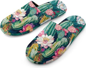 Generic Cacti with Flowers Mens Cozy House Slippers Winter Warm Shoes with Anti-Slip Sole for Travel Indoor Outdoor