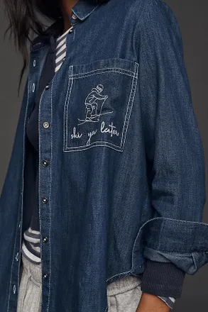 Pilcro Ski Motif Long-Sleeve Denim Buttondown Shirt