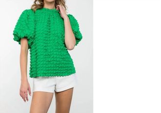 THML Clothing Puffed Sleeve Textured Top In Green