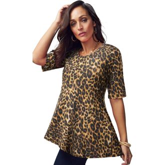 Jessica London Stretch Cotton Peplum Tunic in Brown Painterly Cheetah at Nordstrom, Size 24