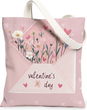 Generic Valentines Day Floral Canvas Tote Bags, Stylish Flower Design Reusable Grocery Bags, Vintage Lightweight Washable Canvas for Travel Picnic 13x15 Inch