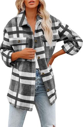 Generic Womens Breathable Reserve Warm Outdoor Coats Womens Brushed Plaid Shirts Long Sleeve Flannel Lapel Button Pocketed Jacket Coats Tourist Jacket (Grey, 