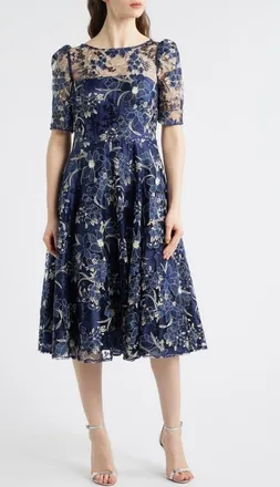Eliza J Illusion Embroidered Fit & Flare Cocktail Dress in Navy at Nordstrom, Size 10
