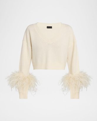 Sally Lapointe Feather-Trim Cashmere Crop Sweater