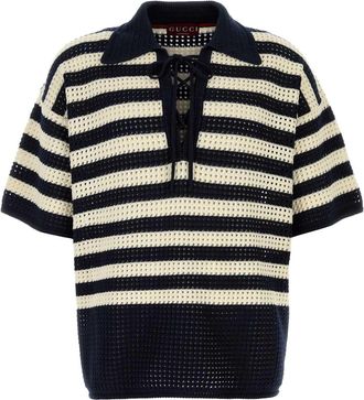 Gucci Mens Embroidered Crochet Polo Shirt - Dark Blue Cotton - Size Medium