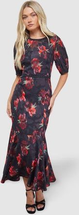 Oasis Floral Stud Trim Puff Sleeve Midi Dress at Nordstrom, Size 4
