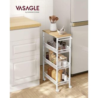 Vasagle Carro de 4 Niveles, Carro Estrecho de Cocina con Ruedas, con Asa, para Espacio Reducido, 22 x 45,4 x 77 cm, para Cocina, Ba&ntilde;o, Sal&oacute;n, Estudio, Roble