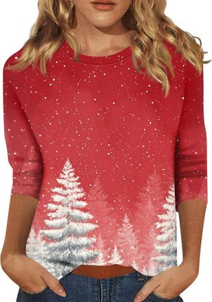 Generic Christmas Jumpers for Women UK Funny Cute Glitter Xmas Tree Graphic Printed Sweatshirts Crew Neck 3/4 Sleeve T Shirt Casual Print Patterns Holiday Jum