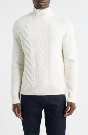 BOSS Hector Cable Virgin Wool & Silk Mock Neck Sweater in Open White at Nordstrom Rack, Size Large