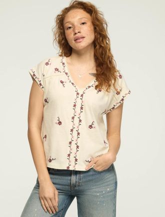 Lucky Brand Womens Floral Embroidered Peasant Tee