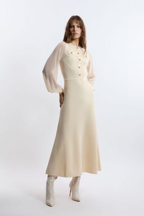 Karen Millen Womens Viscose Blend Maxi Knit Dress With Chiffon Sleeve Military Trim - Cream Polyamide - Size X-Small