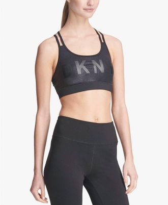 DKNY Glitter Strappy Back Low Impact Sports Bra In Charcoal Glitter
