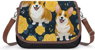 Generic Cute Corgi Dogs Yellow Roses Crossbody Bag Womens Handbag PU Message Bags Shoulder Purse with Adjustable Strap