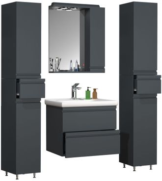 ebuy24 Vcm 5pcs Lavabo Lavabo Armario Inferior 60 Cm Conjunto De Muebles De Ba&ntilde;o Con Lavabo De Cer&aacute;mica Cajones Sin Manos Gabinete De Espejo 2x Gabinete Alto