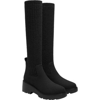 Vivaia Eduarda Round-Toe Knee-High Platform Chunky Wool Wedge Boots in Black at Nordstrom, Size 9.5
