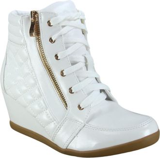 Forever Link Womens Fashion Glitter High Top Lace Up Wedge Sneaker Shoes, White Pu, 2.5 UK