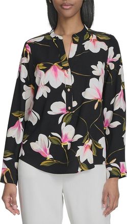 Halston Heritage Printed Mandarin Collar Front Pocket Blouse