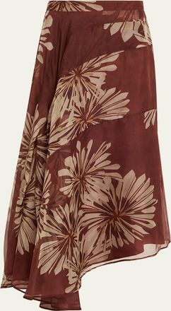 Brunello Cucinelli Asymmetric Dahlia-Print Midi Skirt