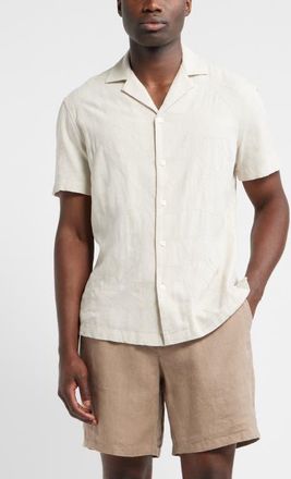 Nordstrom Embroidered Leaves Short Sleeve Linen Blend Button-Up Shirt in Beige Stitched Leaves at Nordstrom, Size Xx-Large