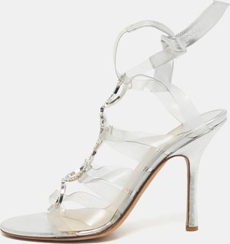 Jimmy Choo London Silver Leather And Pvc Strappy Tie Up Sandals