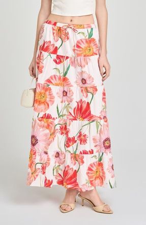 Wayf Marigold Tiered Midi Skirt in Ivory Poppies at Nordstrom, Size X-Small