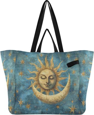 Generic Sun Moon Stars Teal pattern Reusable Canvas Tote Bag, Heavy Duty Grocery Shopping Bag with Large Capacity Double Handles Hard Bottom Work Groceries Tr